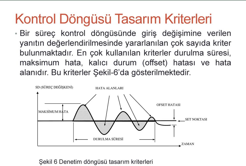 En çok kullanılan kriterler durulma süresi, maksimum hata, kalıcı durum (offset) hatası ve hata alanıdır.