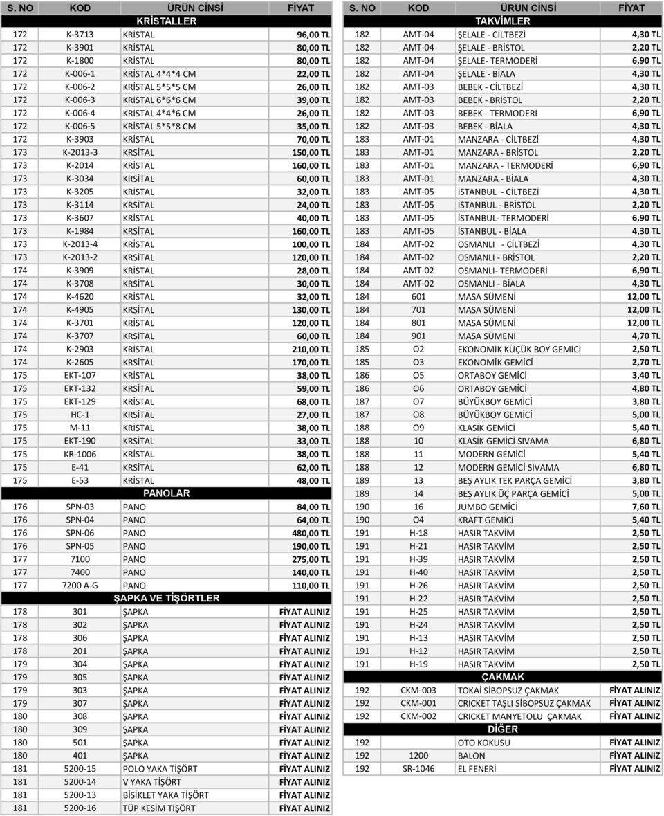 80,00 TL 182 AMT- 04 ŞELALE- TERMODERİ 6,90 TL 172 K- 006-1 KRİSTAL 4*4*4 CM 22,00 TL 182 AMT- 04 ŞELALE - BİALA 4,30 TL 172 K- 006-2 KRİSTAL 5*5*5 CM 26,00 TL 182 AMT- 03 BEBEK - CİLTBEZİ 4,30 TL