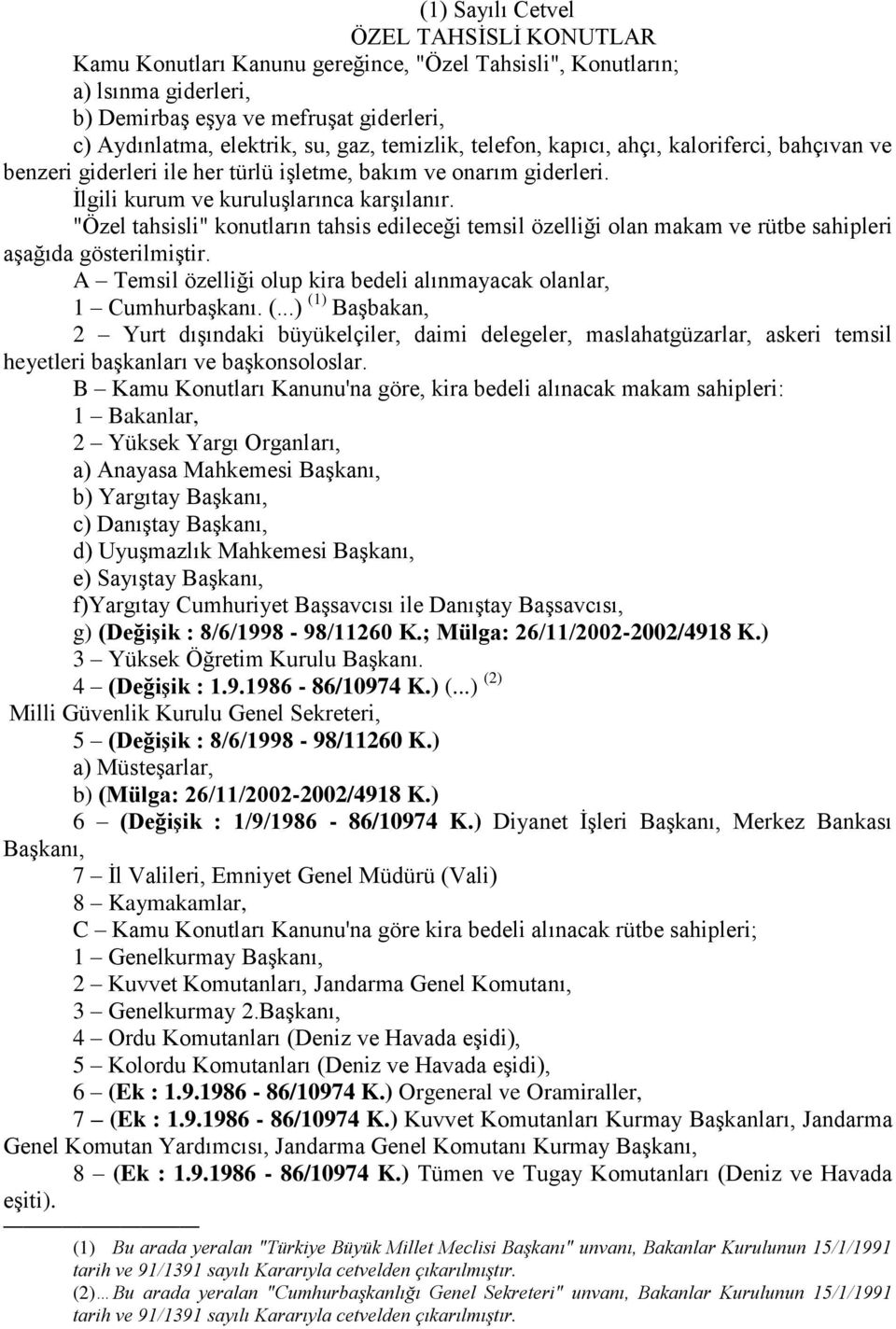 "Özel tahsisli" konutların tahsis edileceği temsil özelliği olan makam ve rütbe sahipleri aģağıda gösterilmiģtir. A Temsil özelliği olup kira bedeli alınmayacak olanlar, 1 CumhurbaĢkanı. (.