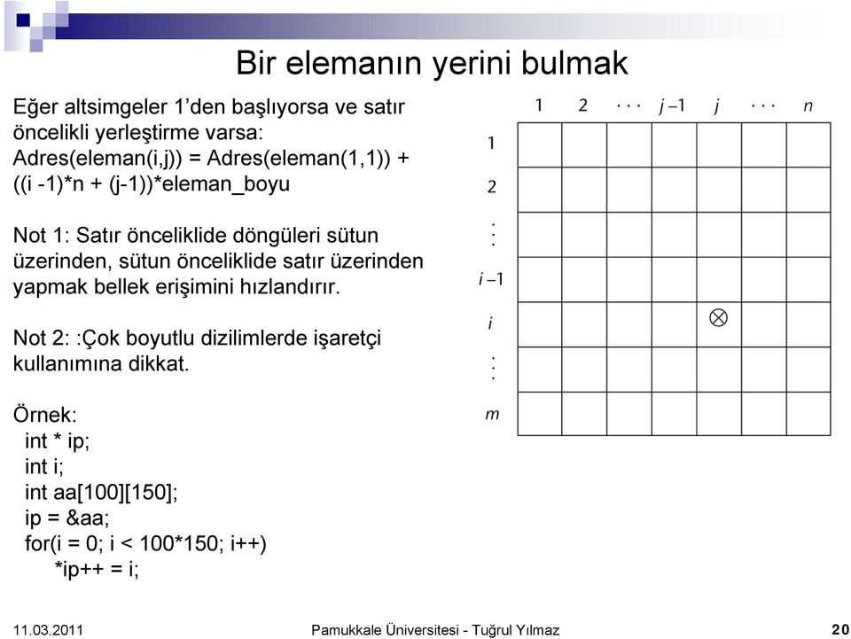 bellek erişimini hızlandırır. Not 2: :Çok boyutlu dizilimlerde işaretçi kullanımına dikkat.