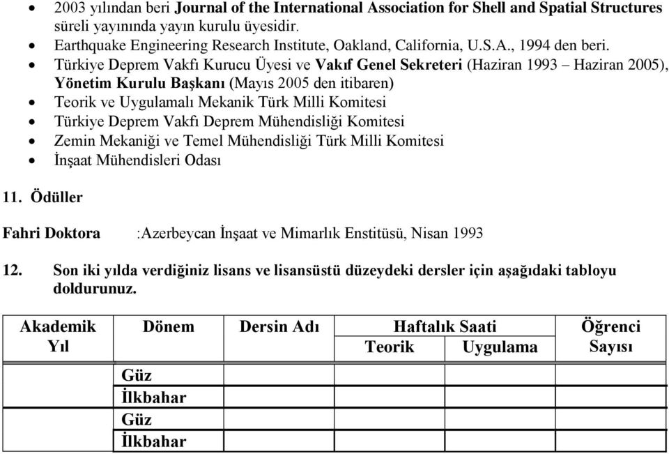 Türkiye Deprem Vakfı Kurucu Üyesi ve Vakıf Genel Sekreteri (Haziran 1993 Haziran 2005), Yönetim Kurulu Başkanı (Mayıs 2005 den itibaren) Teorik ve Uygulamalı Mekanik Türk Milli Komitesi Türkiye