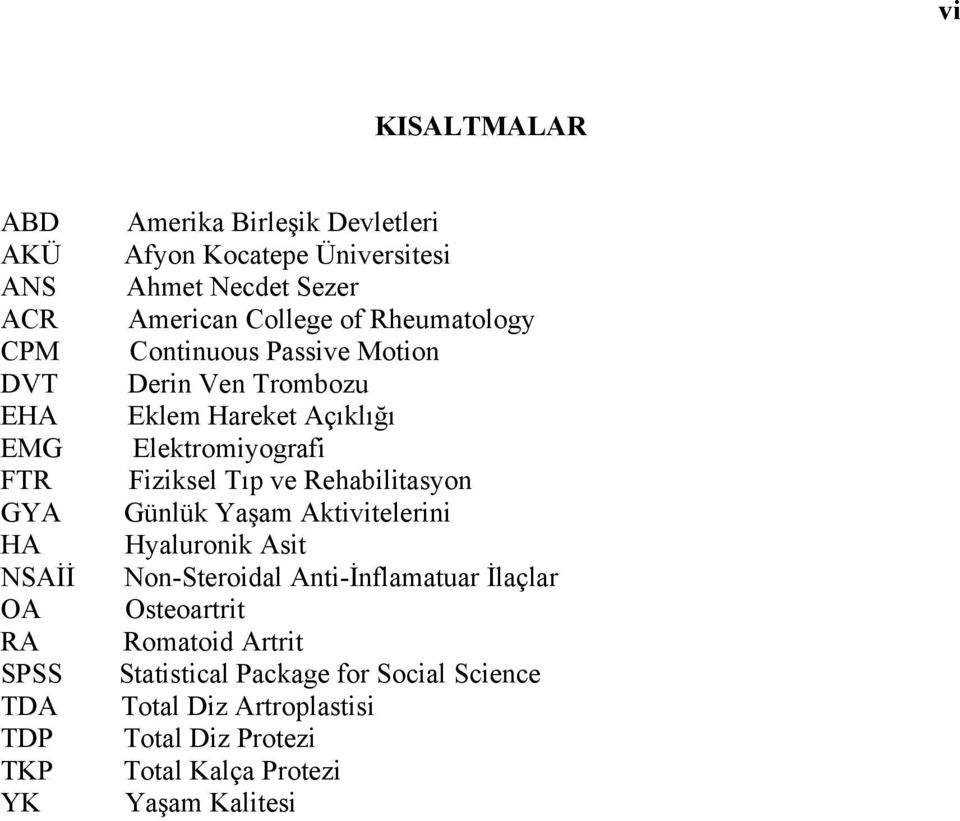 Rehabilitasyon GYA Günlük Yaşam Aktivitelerini HA Hyaluronik Asit NSAİİ Non-Steroidal Anti-İnflamatuar İlaçlar OA Osteoartrit RA