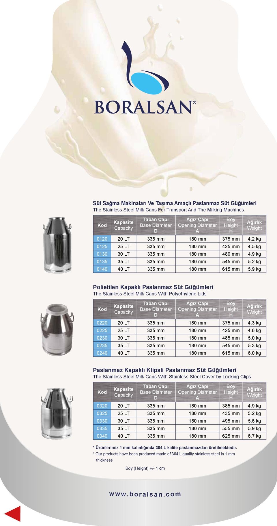 9 kg Polietilen Kapaklı Paslanmaz Süt Güğümleri The Stainless Steel Milk Cans With Polyethylene Lids Opening iameter eight 0220 20 LT 335 mm 180 mm 375 mm 4.3 kg 0225 25 LT 335 mm 180 mm 425 mm 4.