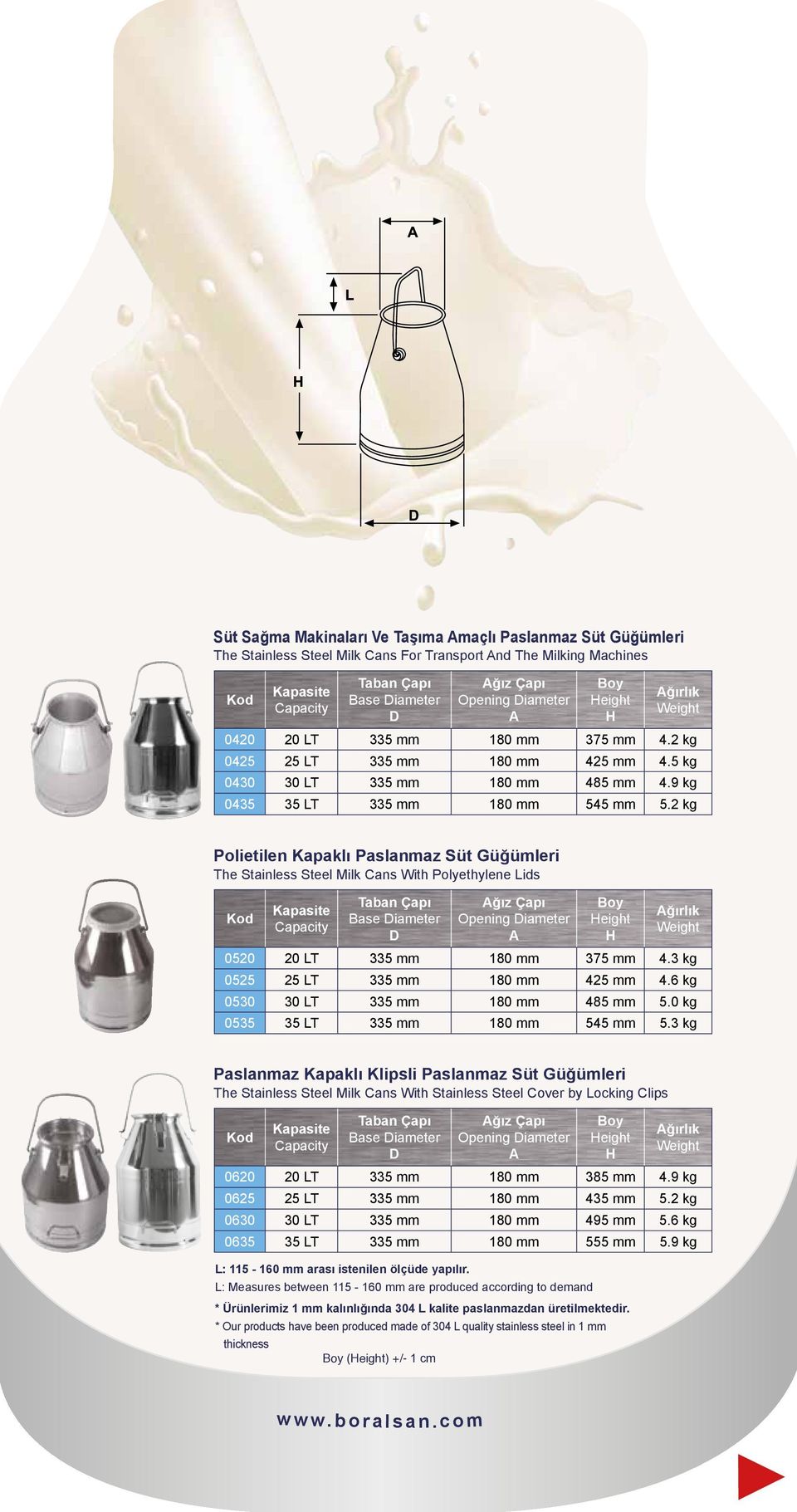 2 kg Polietilen Kapaklı Paslanmaz Süt Güğümleri The Stainless Steel Milk Cans With Polyethylene Lids Opening iameter eight 0520 20 LT 335 mm 180 mm 375 mm 4.3 kg 0525 25 LT 335 mm 180 mm 425 mm 4.