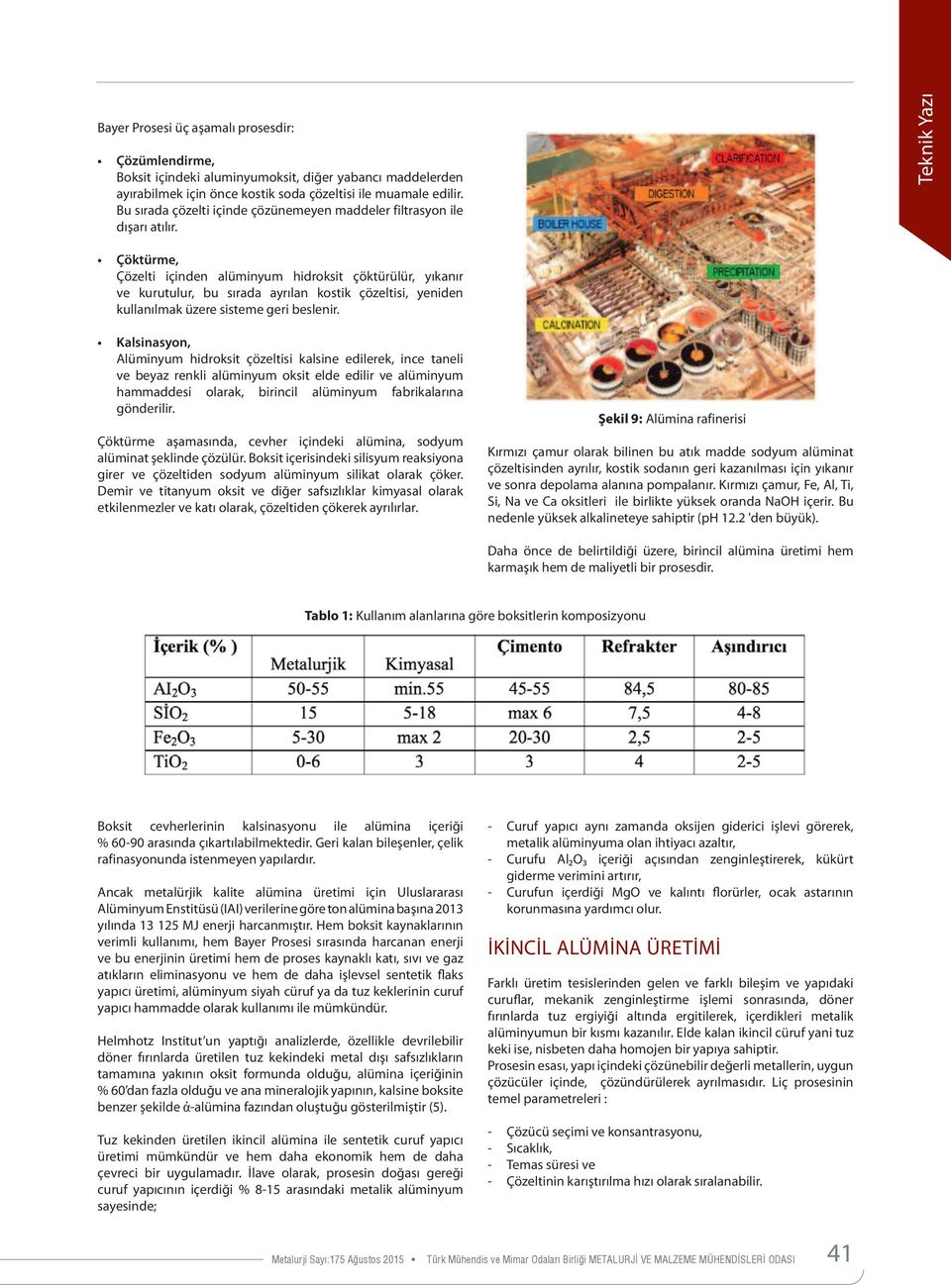 Teknik Yazı Çöktürme, Çözelti içinden alüminyum hidroksit çöktürülür, yıkanır ve kurutulur, bu sırada ayrılan kostik çözeltisi, yeniden kullanılmak üzere sisteme geri beslenir.