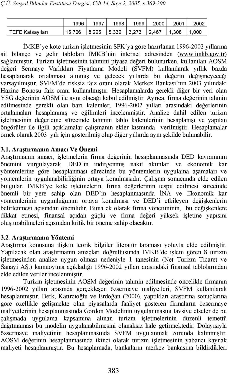 Turizm işletmesinin tahmini piyasa değeri bulunurken, kullanılan AOSM değeri Sermaye Varlıkları Fiyatlama Modeli (SVFM) kullanılarak yıllık bazda hesaplanarak ortalaması alınmış ve gelecek yıllarda