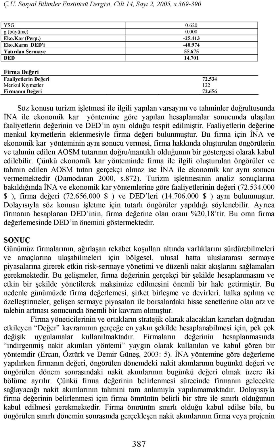 aynı olduğu tespit edilmiştir. Faaliyetlerin değerine menkul kıymetlerin eklenmesiyle firma değeri bulunmuştur.