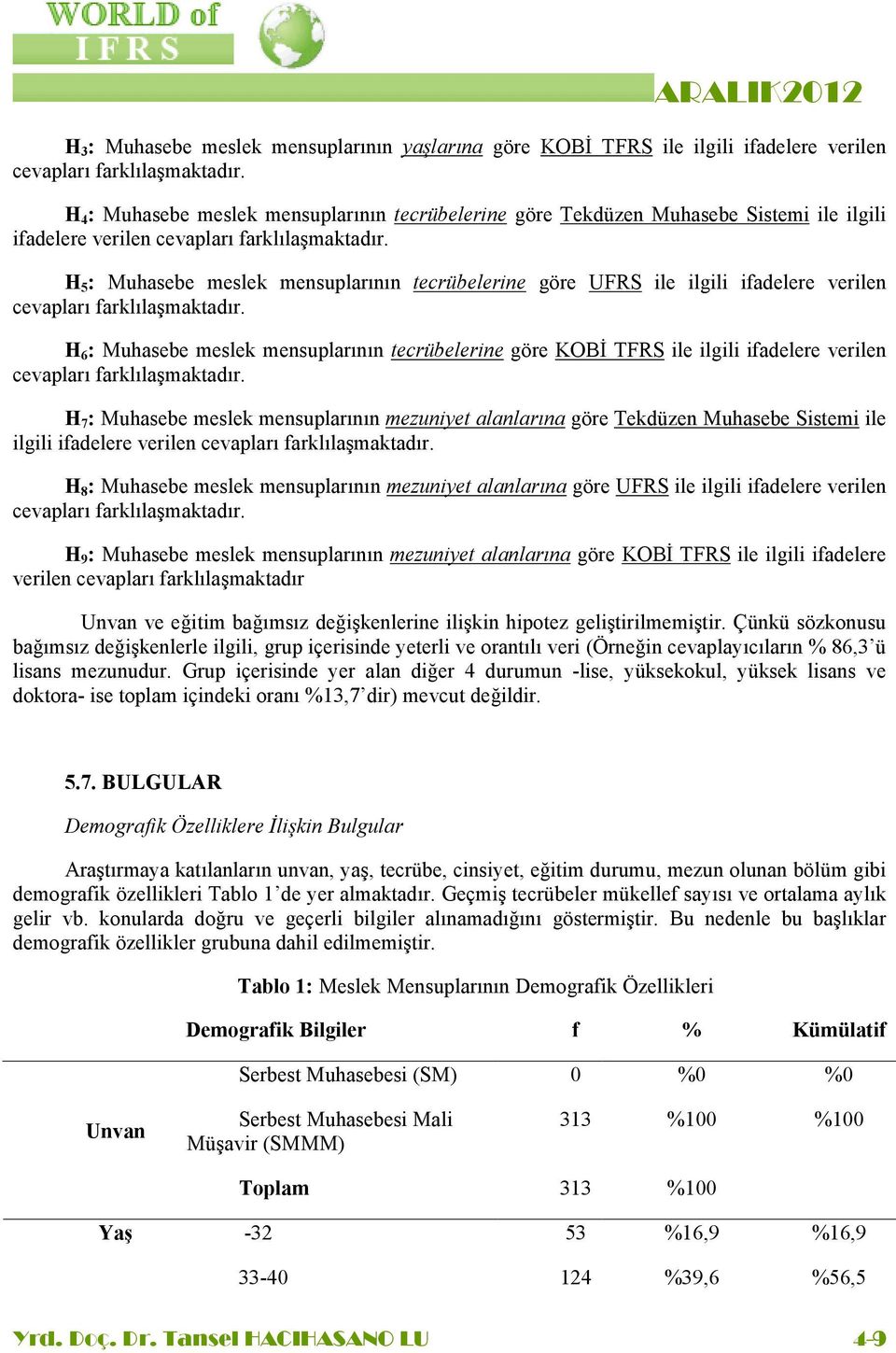 5 : Muhasebe meslek mensuplarının tecrübelerine göre UFRS ile ilgili ifadelere verilen cevapları farklılaşmaktadır.