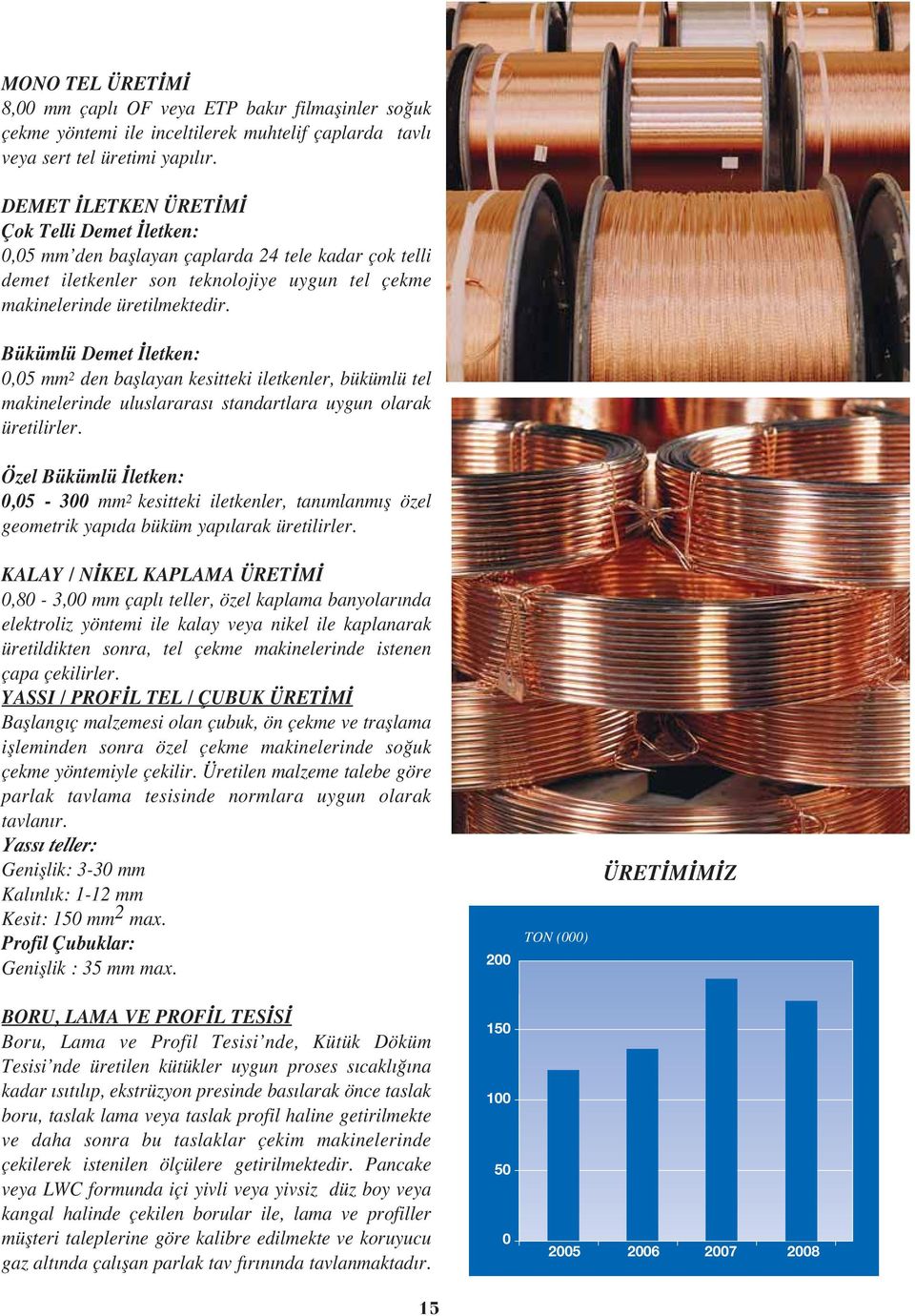 Bükümlü Demet letken: 0,05 mm 2 den bafllayan kesitteki iletkenler, bükümlü tel makinelerinde uluslararas standartlara uygun olarak üretilirler.