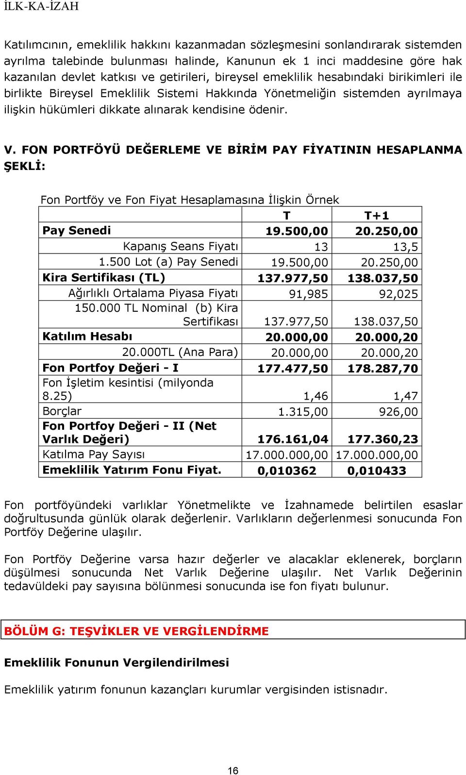 FON PORTFÖYÜ DEĞERLEME VE BİRİM PAY FİYATININ HESAPLANMA ŞEKLİ: Fon Portföy ve Fon Fiyat Hesaplamasına İlişkin Örnek T T+1 Pay Senedi 19.500,00 20.250,00 Kapanış Seans Fiyatı 13 13,5 1.