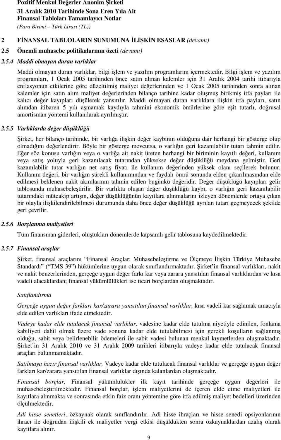 2005 tarihinden sonra alınan kalemler için satın alım maliyet değerlerinden bilanço tarihine kadar oluşmuş birikmiş itfa payları ile kalıcı değer kayıpları düşülerek yansıtılır.