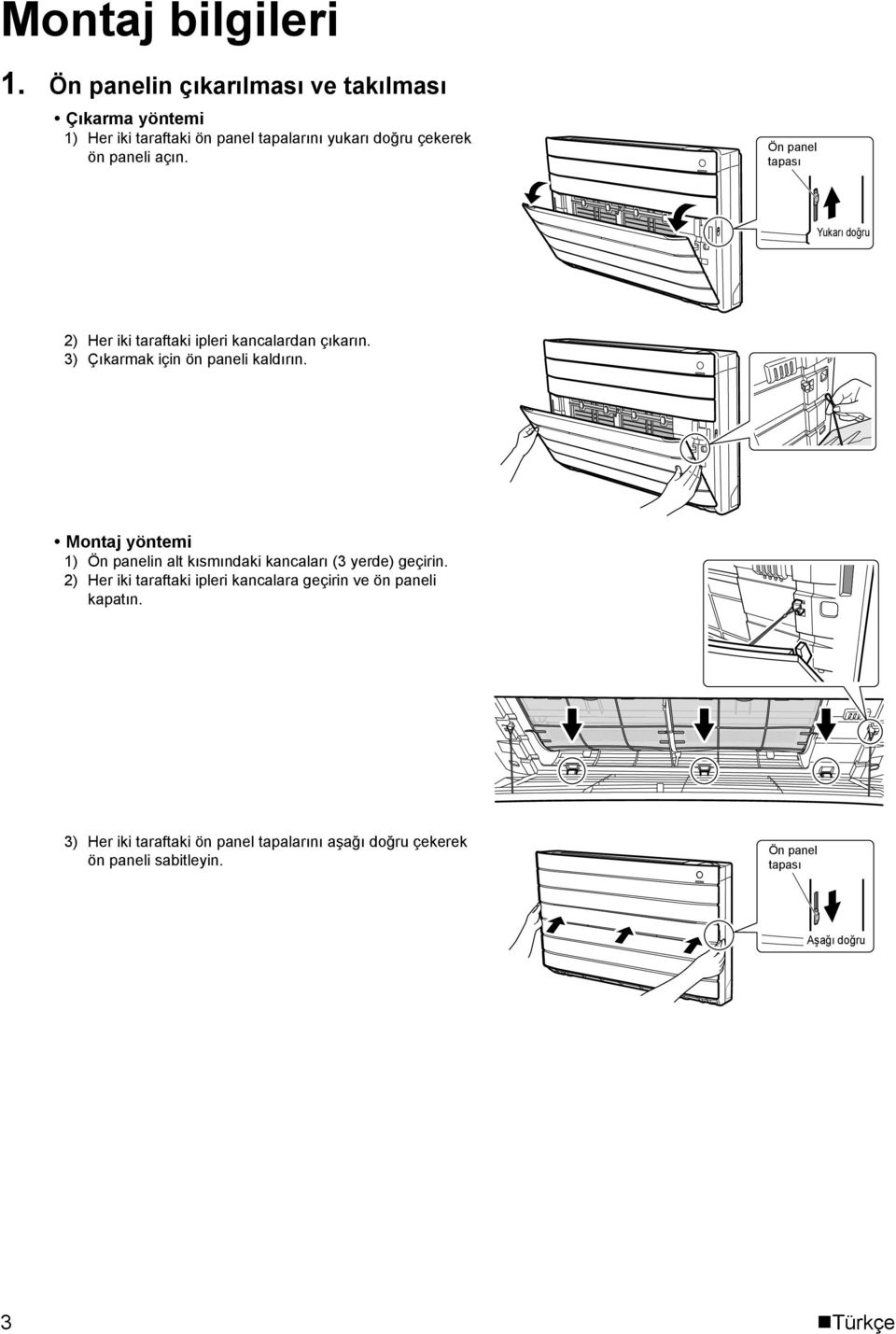 Ön panel tapası Yukarı doğru 2) 3) Her iki taraftaki ipleri kancalardan çıkarın. Çıkarmak için ön paneli kaldırın.