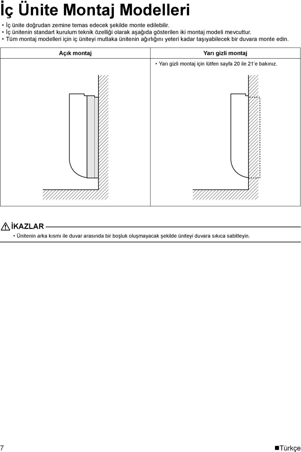 Tüm montaj modelleri için iç üniteyi mutlaka ünitenin ağırlığını yeteri kadar taşıyabilecek bir duvara monte edin.
