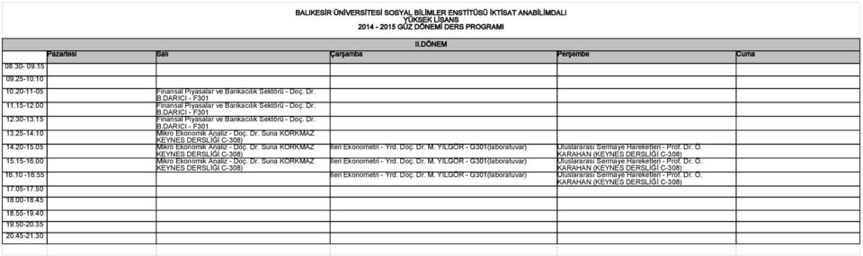 Dr. Suna KORKMAZ Mikro Ekonomik Analiz - Doç. Dr. Suna KORKMAZ İleri Ekonometri - Yrd. Doç. Dr. M. YILGÖR - G301(laboratuvar) Uluslararası Sermaye Hareketleri - Prof. Dr. Ö.