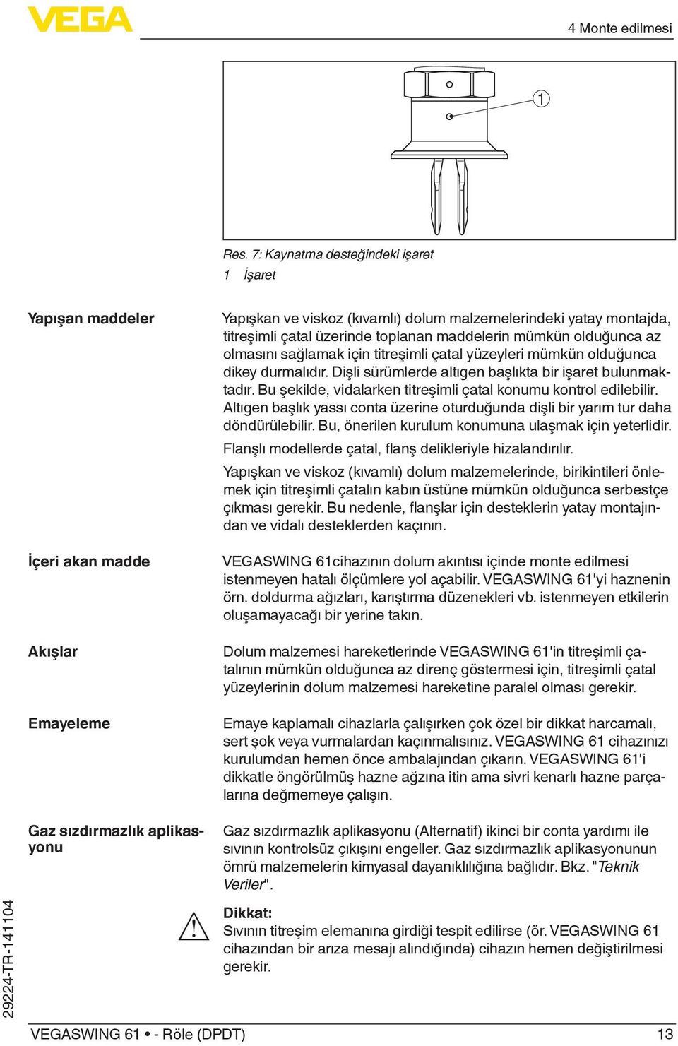 maddelerin mümkün olduğunca az olmasını sağlamak için titreşimli çatal yüzeyleri mümkün olduğunca dikey durmalıdır. Dişli sürümlerde altıgen başlıkta bir işaret bulunmaktadır.