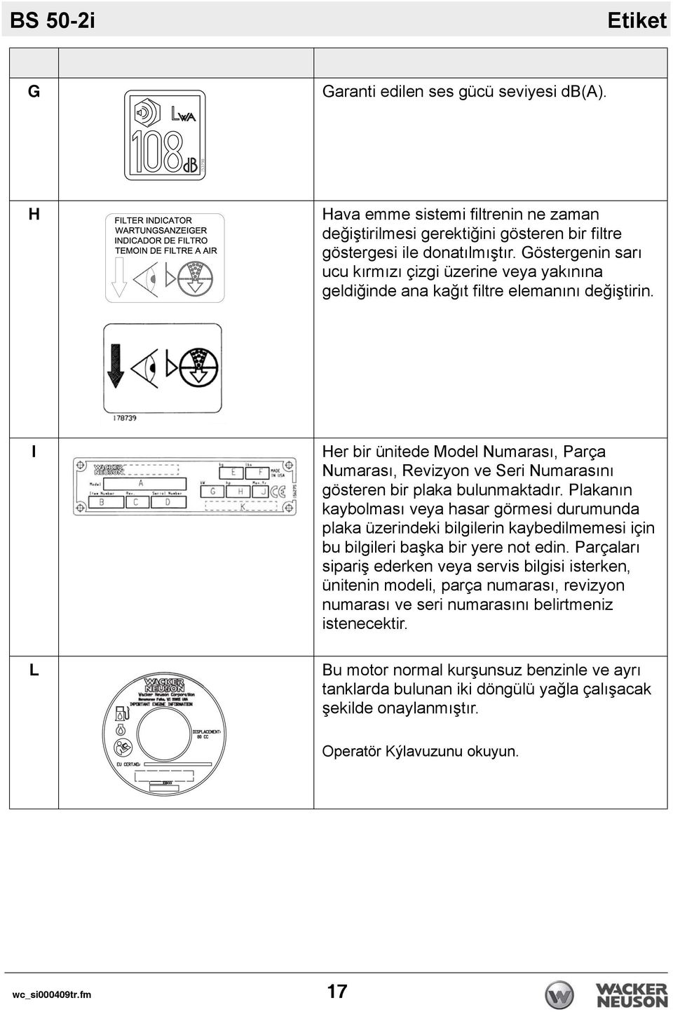 I L Her bir ünitede Model Numarası, Parça Numarası, Revizyon ve Seri Numarasını gösteren bir plaka bulunmaktadır.