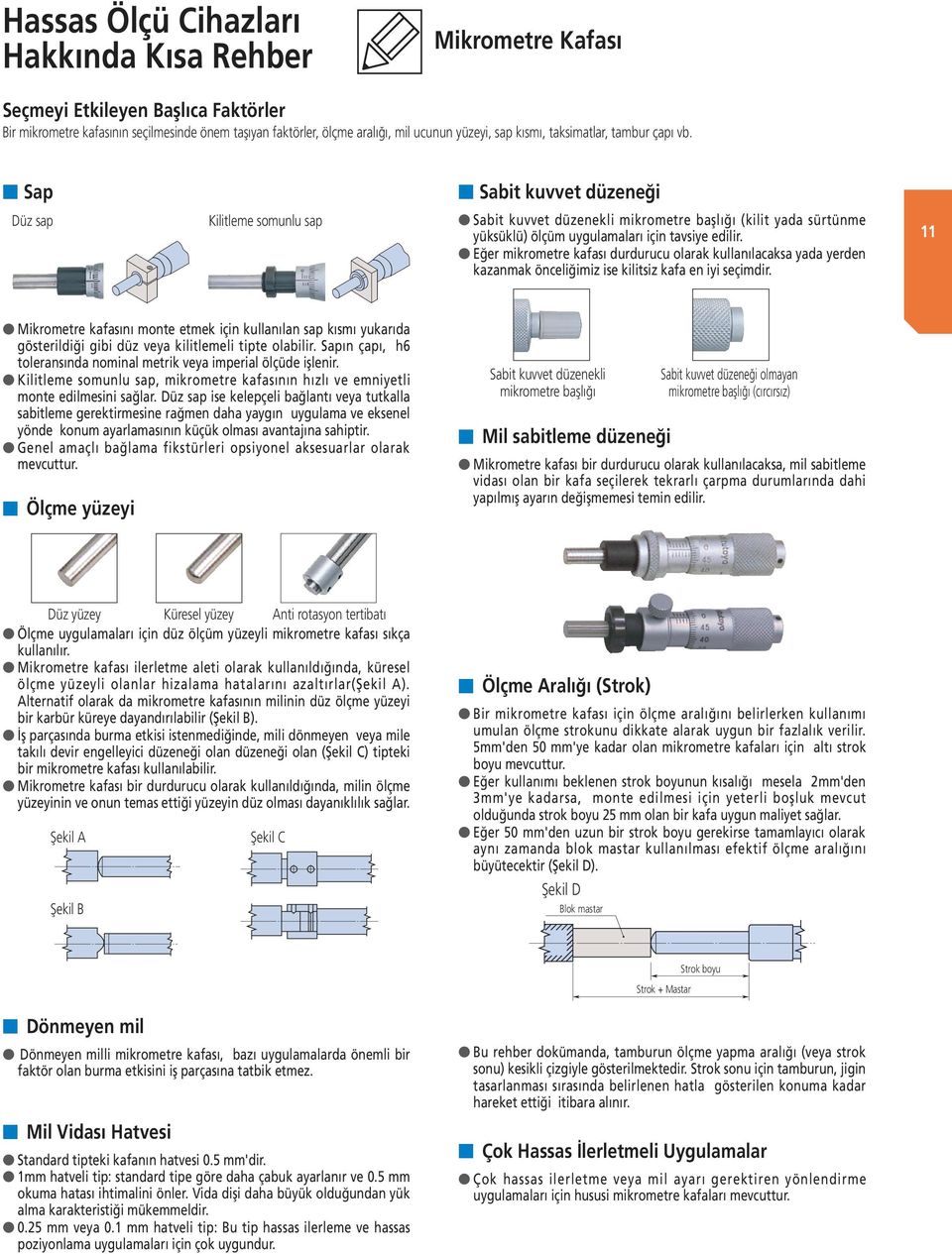 Sap Düz sap Kilitleme somunlu sap Sabit kuvvet düzeneği Sabit kuvvet düzenekli mikrometre başlığı (kilit yada sürtünme yüksüklü) ölçüm uygulamaları için tavsiye edilir.