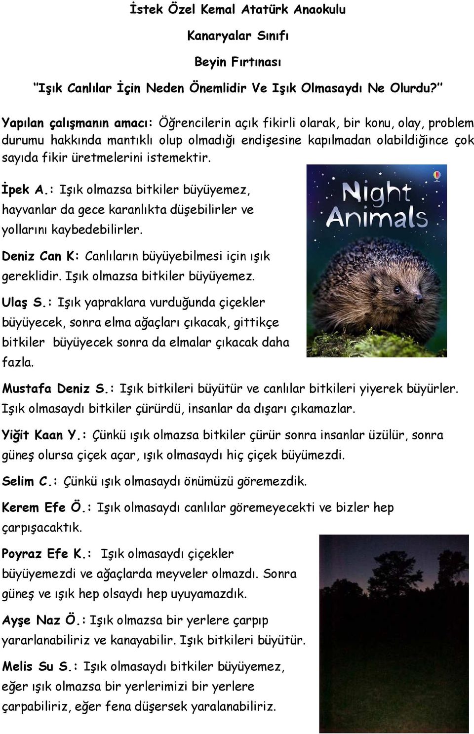 İpek A.: Işık olmazsa bitkiler büyüyemez, hayvanlar da gece karanlıkta düşebilirler ve yollarını kaybedebilirler. Deniz Can K: Canlıların büyüyebilmesi için ışık gereklidir.