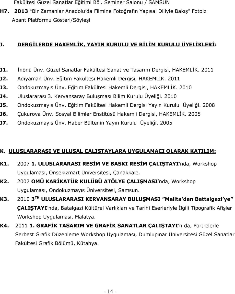 Eğitim Fakültesi Hakemli Dergisi, HAKEMLİK. 2011 J3. Ondokuzmayıs Ünv. Eğitim Fakültesi Hakemli Dergisi, HAKEMLİK. 2010 J4. Uluslararası 3. Kervansaray Buluşması Bilim Kurulu Üyeliği. 2010 J5.