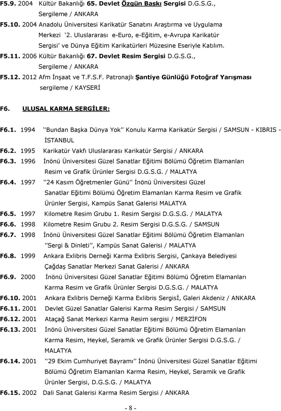 12. 2012 Afm İnşaat ve T.F.S.F. Patronajlı Şantiye Günlüğü Fotoğraf Yarışması sergileme / KAYSERİ F6. ULUSAL KARMA SERGİLER: F6.1. 1994 Bundan Başka Dünya Yok Konulu Karma Karikatür Sergisi / SAMSUN - KIBRIS - İSTANBUL F6.