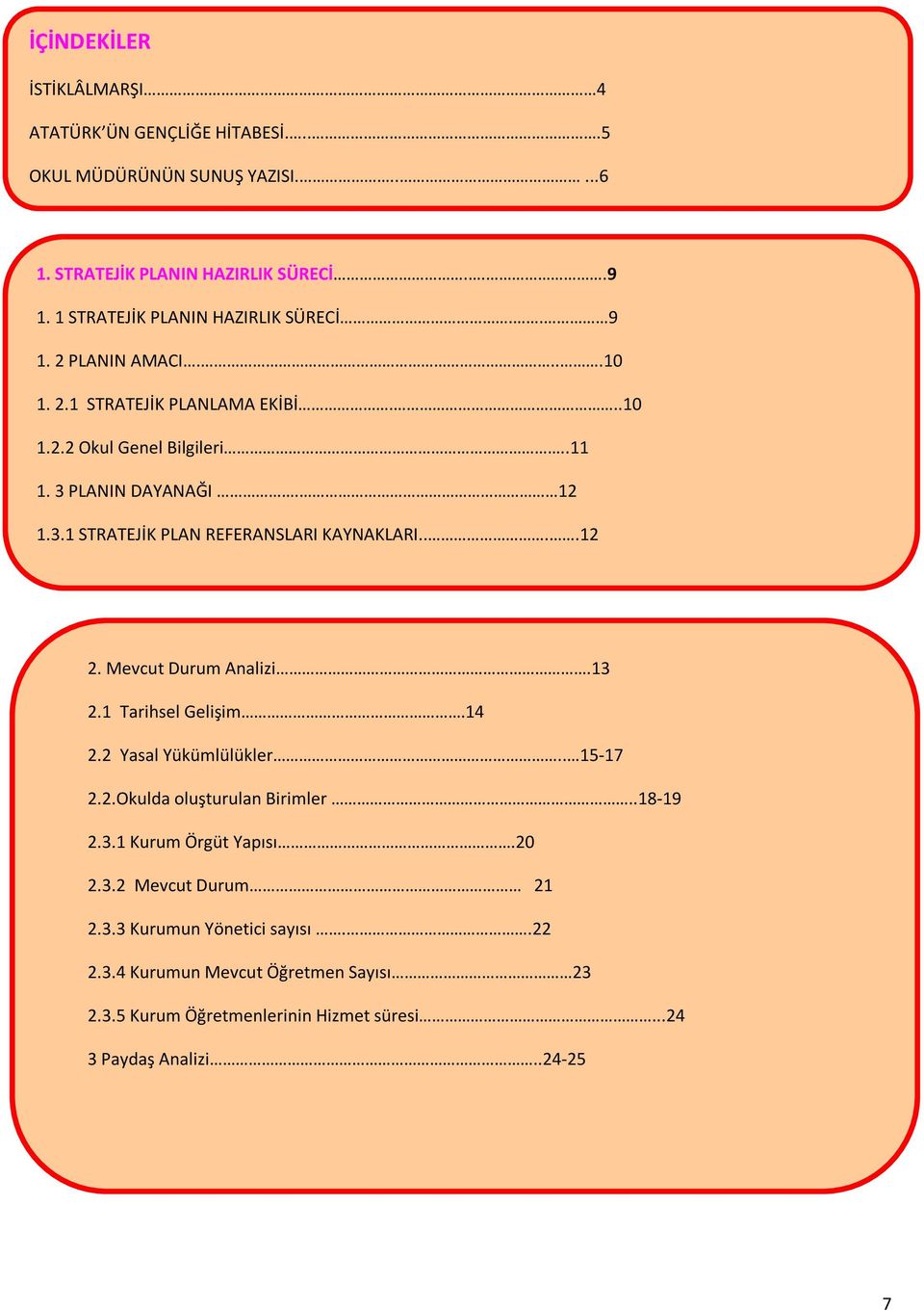 PLANIN DAYANAĞI. 12 1.3.1 STRATEJİK PLAN REFERANSLARI KAYNAKLARI....12 2. Mevcut Durum Analizi.13 2.1 Tarihsel Gelişim.14 2.2 Yasal Yükümlülükler.. 15-17 2.2.Okulda oluşturulan Birimler.