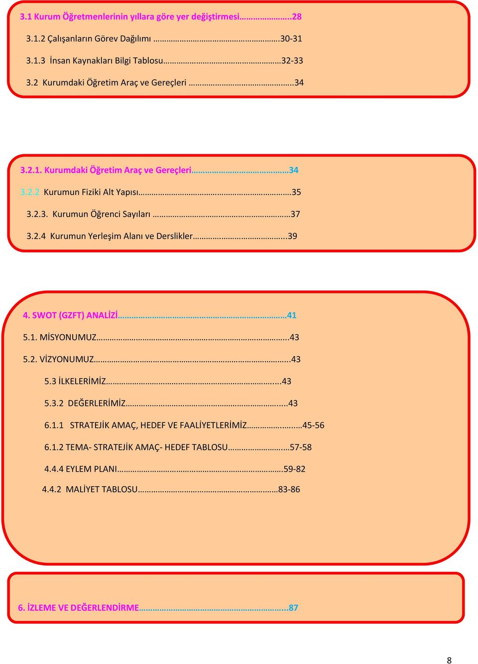 ...39 4. SWOT (GZFT) ANALİZİ 41 5.1. MİSYONUMUZ....43 5.2. VİZYONUMUZ...43 5.3 İLKELERİMİZ...43 5.3.2 DEĞERLERİMİZ...43 1.BÖLÜM 6.1.1 STRATEJİK AMAÇ, HEDEF VE FAALİYETLERİMİZ.