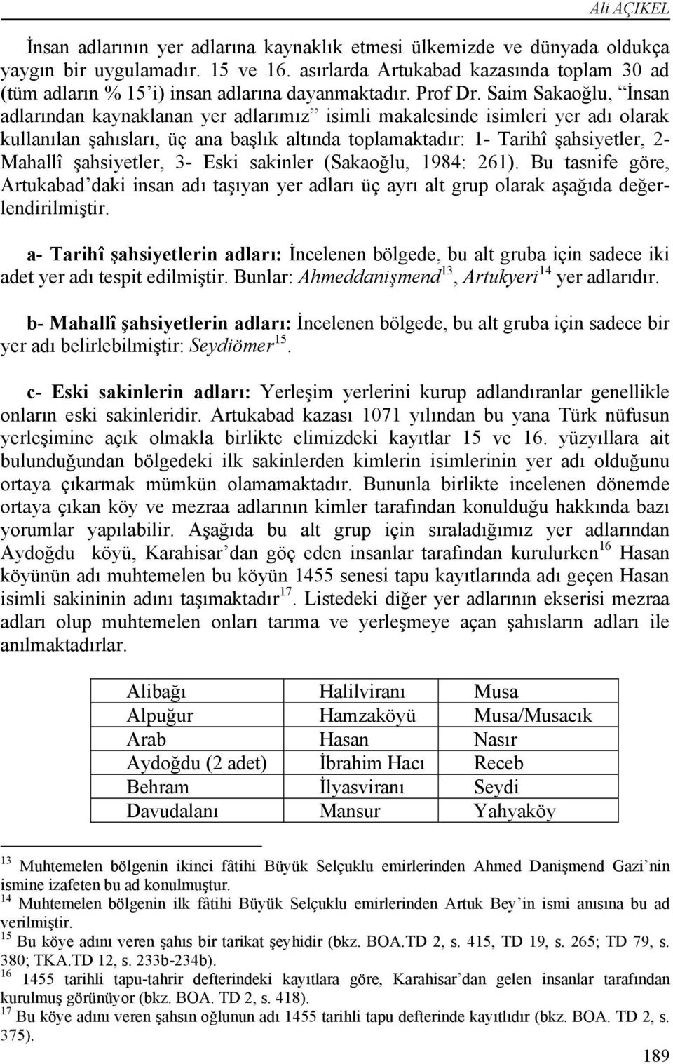 Saim Sakaoğlu, İnsan adlarından kaynaklanan yer adlarımız isimli makalesinde isimleri yer adı olarak kullanılan şahısları, üç ana başlık altında toplamaktadır: 1- arihî şahsiyetler, 2- Mahallî