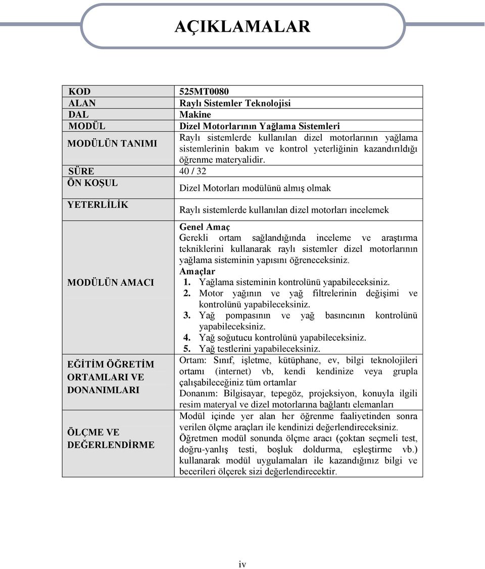 SÜRE 40 / 32 ÖN KOġUL Dizel Motorları modülünü almıģ olmak YETERLĠLĠK MODÜLÜN AMACI EĞĠTĠM ÖĞRETĠM ORTAMLARI VE DONANIMLARI ÖLÇME VE DEĞERLENDĠRME Raylı sistemlerde kullanılan dizel motorları