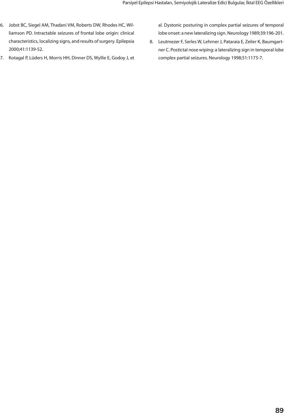 Kotagal P, Lüders H, Morris HH, Dinner DS, Wyllie E, Godoy J, et al. Dystonic posturing in complex partial seizures of temporal lobe onset: a new lateralizing sign.