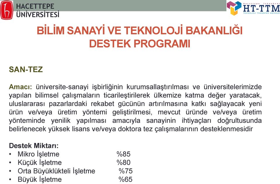 sağlayacak yeni ürün ve/veya üretim yöntemi geliştirilmesi, mevcut üründe ve/veya üretim yönteminde yenilik yapılması amacıyla sanayinin ihtiyaçları doğrultusunda