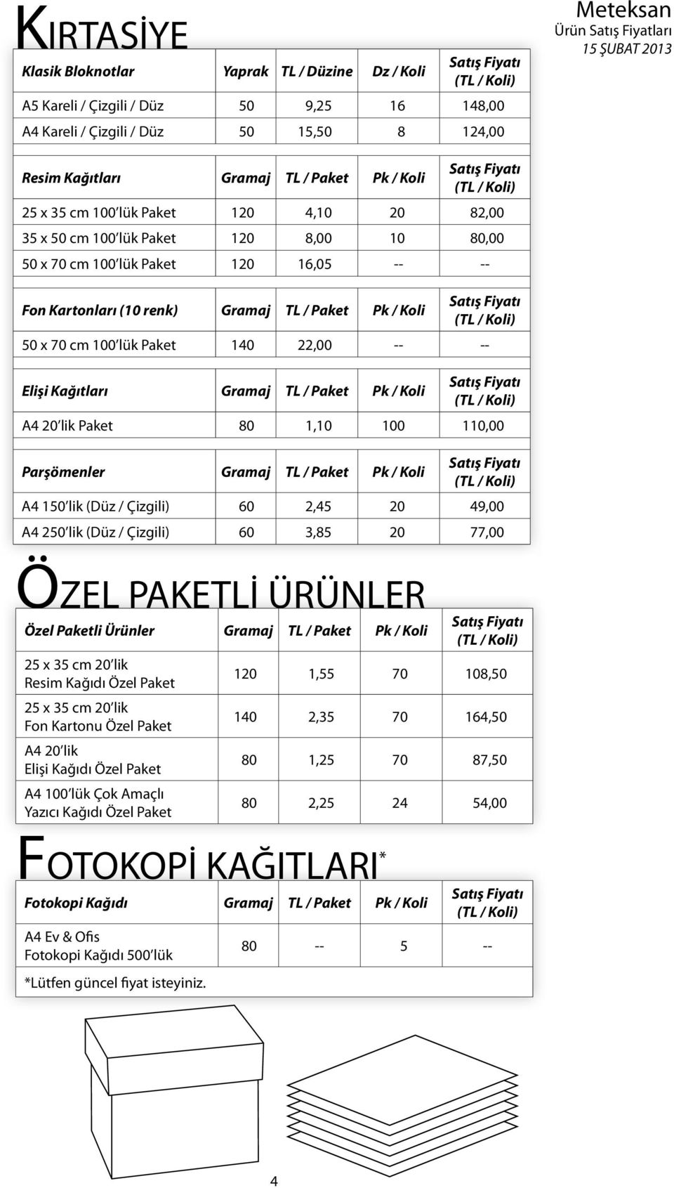 22,00 -- -- Elişi Kağıtları Gramaj TL / Paket Pk / Koli A4 20 lik Paket 80 1,10 100 110,00 Parşömenler Gramaj TL / Paket Pk / Koli A4 150 lik (Düz / Çizgili) 60 2,45 20 49,00 A4 250 lik (Düz /