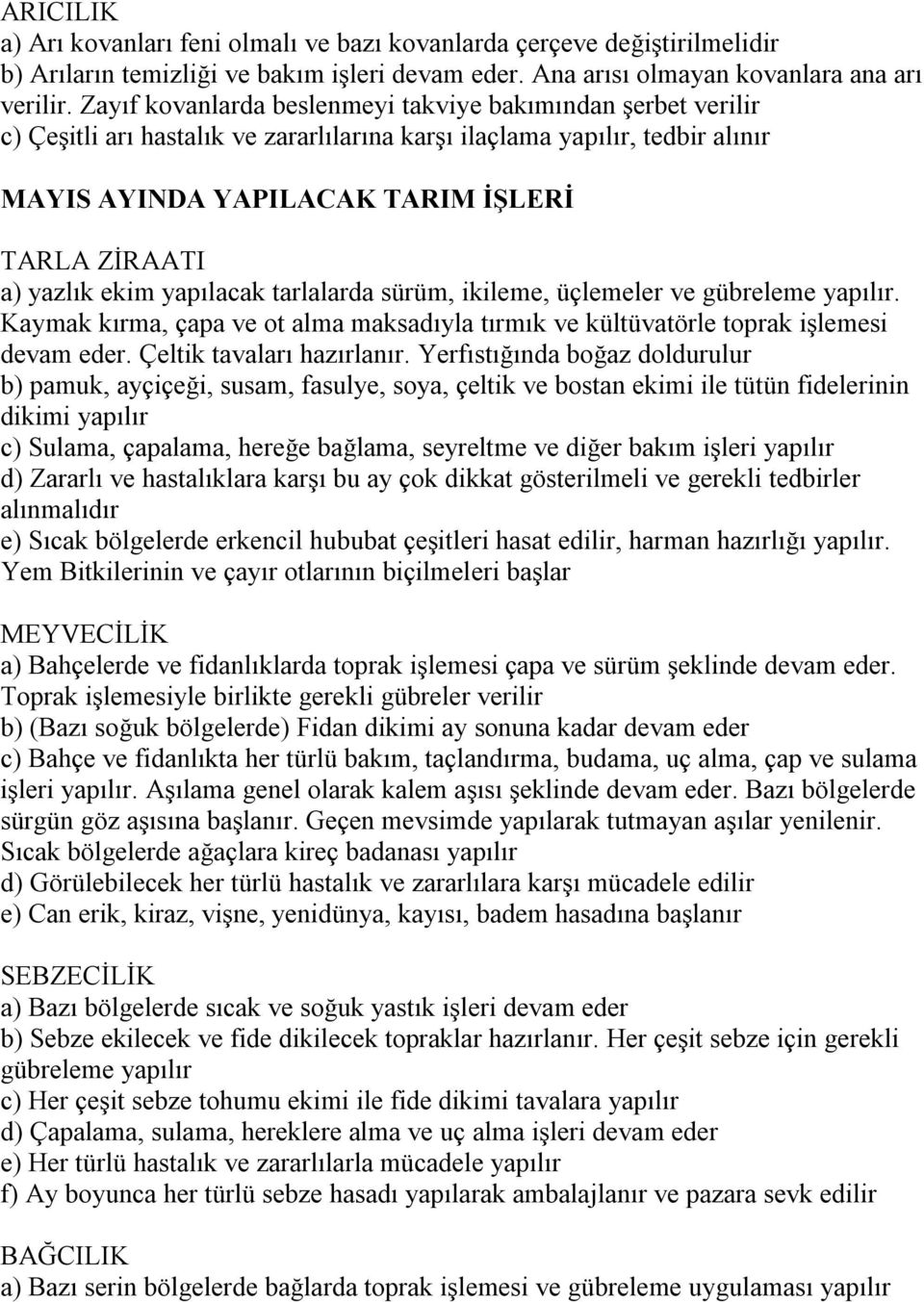 yapılacak tarlalarda sürüm, ikileme, üçlemeler ve gübreleme yapılır. Kaymak kırma, çapa ve ot alma maksadıyla tırmık ve kültüvatörle toprak işlemesi devam eder. Çeltik tavaları hazırlanır.