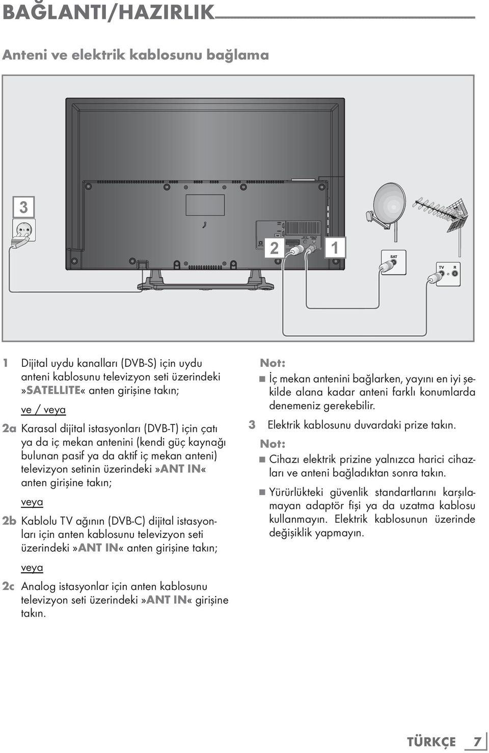 iç mekan anteni) televizyon setinin üzerindeki»ant IN«anten girişine takın; veya 2b Kablolu TV ağının (DVB-C) dijital istasyonları için anten kablosunu televizyon seti üzerindeki»ant IN«anten