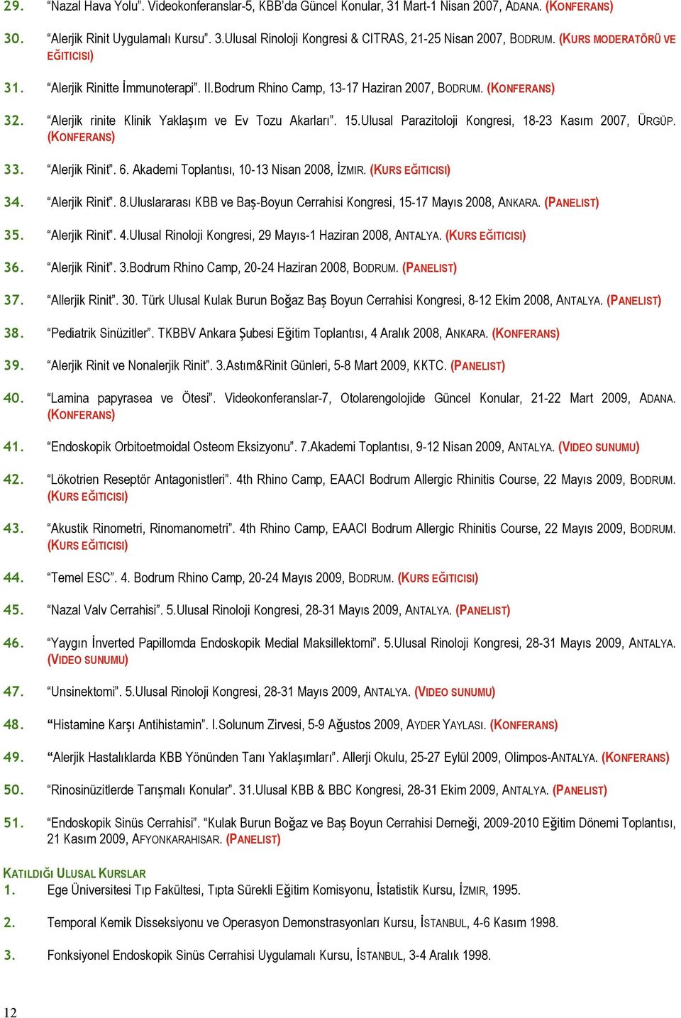 Ulusal Parazitoloji Kongresi, 18-23 Kasım 2007, ÜRGÜP. (KONFERANS) 33. Alerjik Rinit. 6. Akademi Toplantısı, 10-13 Nisan 2008, İZMIR. (KURS EĞITICISI) 34. Alerjik Rinit. 8.