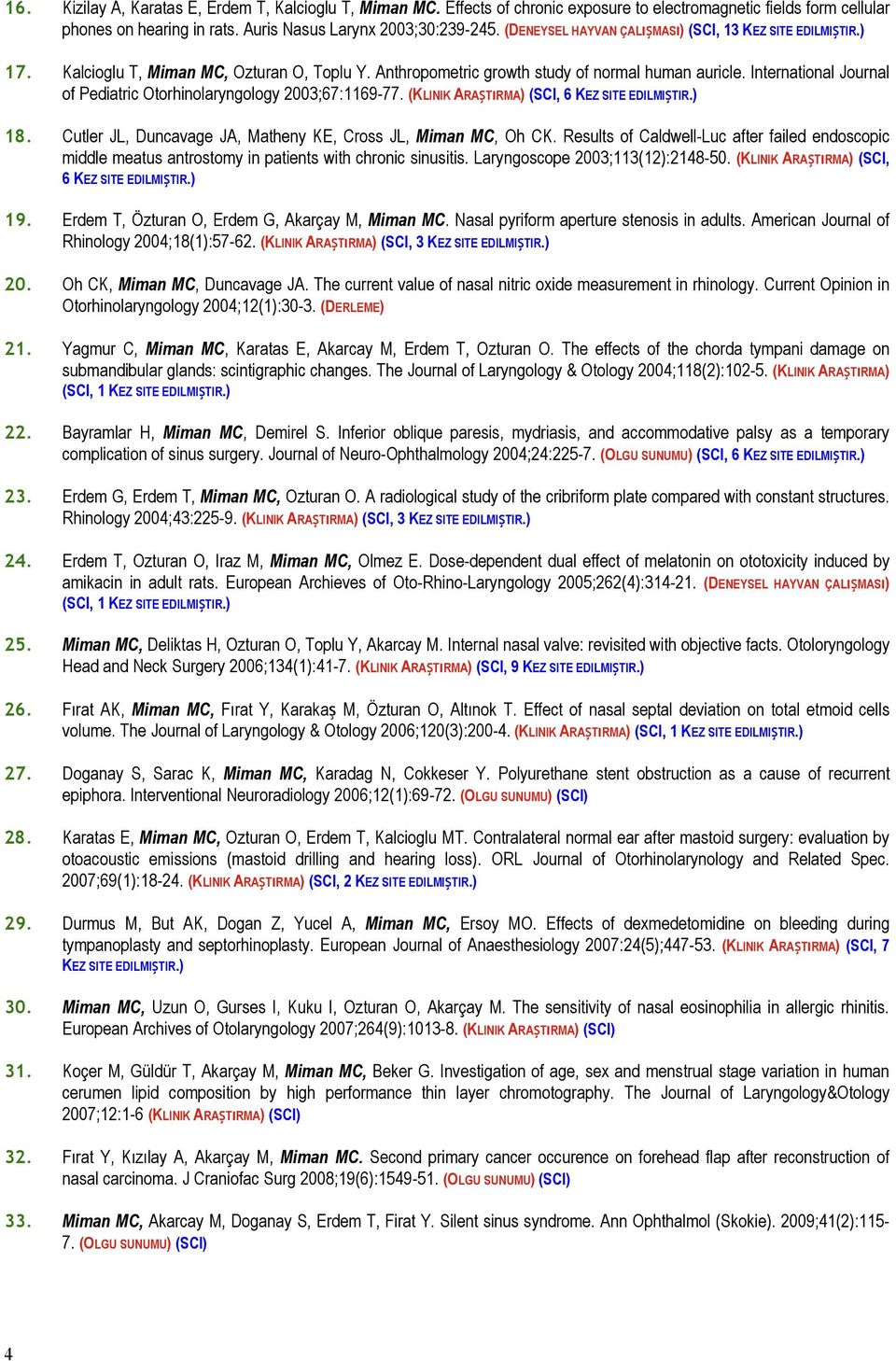 International Journal of Pediatric Otorhinolaryngology 2003;67:1169-77. (KLINIK ARAŞTıRMA) (SCI, 6 KEZ SITE EDILMIŞTIR.) 18. Cutler JL, Duncavage JA, Matheny KE, Cross JL, Miman MC, Oh CK.