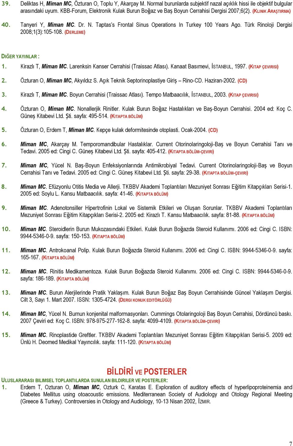 Türk Rinoloji Dergisi 2008;1(3):105-108. (DERLEME) DIĞER YAYıNLAR : 1. Kirazlı T, Miman MC. Larenksin Kanser Cerrahisi (Traissac Atlası). Kanaat Basımevi, İSTANBUL, 1997. (KITAP ÇEVIRISI) 2.