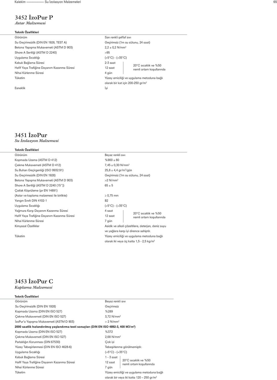 Kürlenme Süresi 4 gün Tüketim Yüzey emiciliği ve uygulama metoduna bağlı olarak bir kat için 200-250 gr/m 2 Esneklik İyi 3451 İzoPur Su İzolasyon Malzemesi Teknik Beyaz renkli sıvı Kopmada Uzama