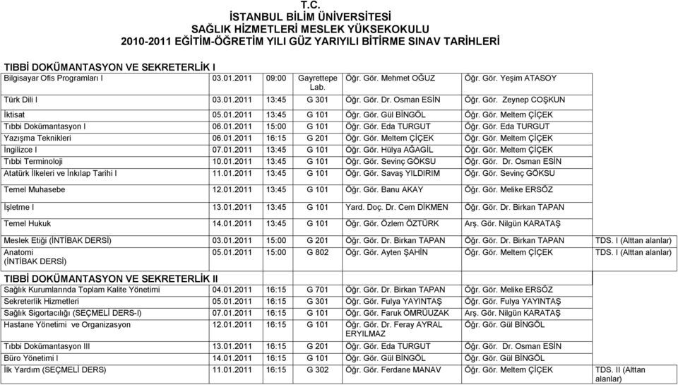 01.2011 16:15 G 201 Öğr. Gör. Meltem ÇİÇEK Öğr. Gör. Meltem ÇİÇEK İngilizce I 07.01.2011 13:45 G 101 Öğr. Gör. Hülya AĞAGİL Öğr. Gör. Meltem ÇİÇEK Tıbbi Terminoloji 10.01.2011 13:45 G 101 Öğr. Gör. Sevinç GÖKSU Öğr.