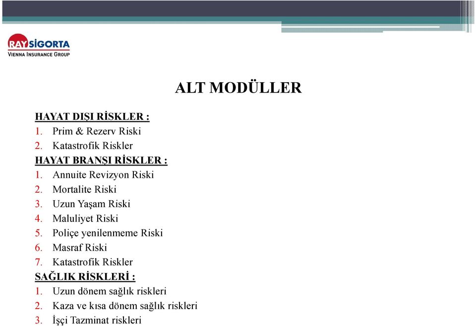 Uzun Yaam Riski 4. Maluliyet Riski 5. Poliçe yenilenmeme Riski 6. Masraf Riski 7.