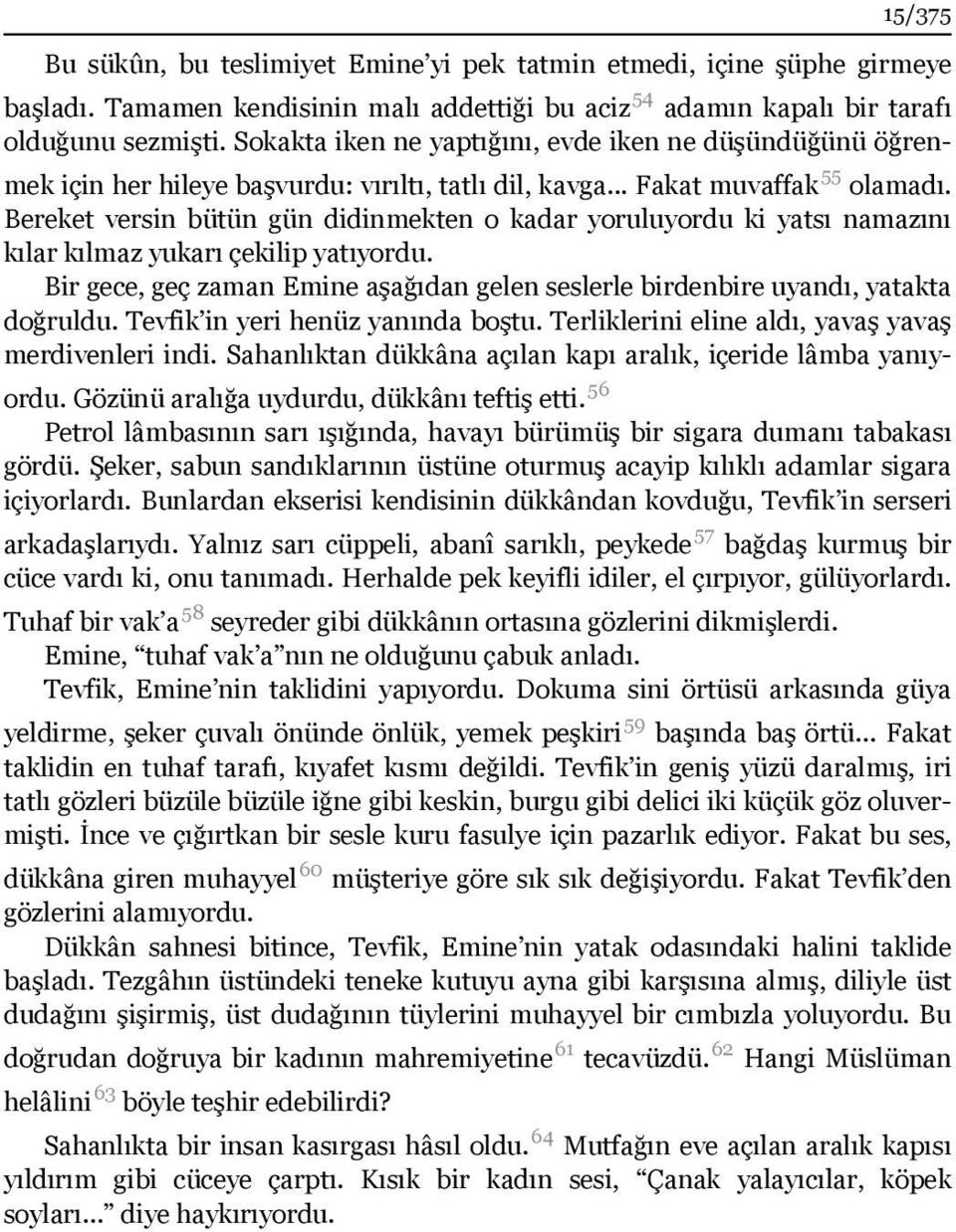 Bereket versin bütün gün didinmekten o kadar yoruluyordu ki yatsı namazını kılar kılmaz yukarı çekilip yatıyordu. Bir gece, geç zaman Emine aşağıdan gelen seslerle birdenbire uyandı, yatakta doğruldu.