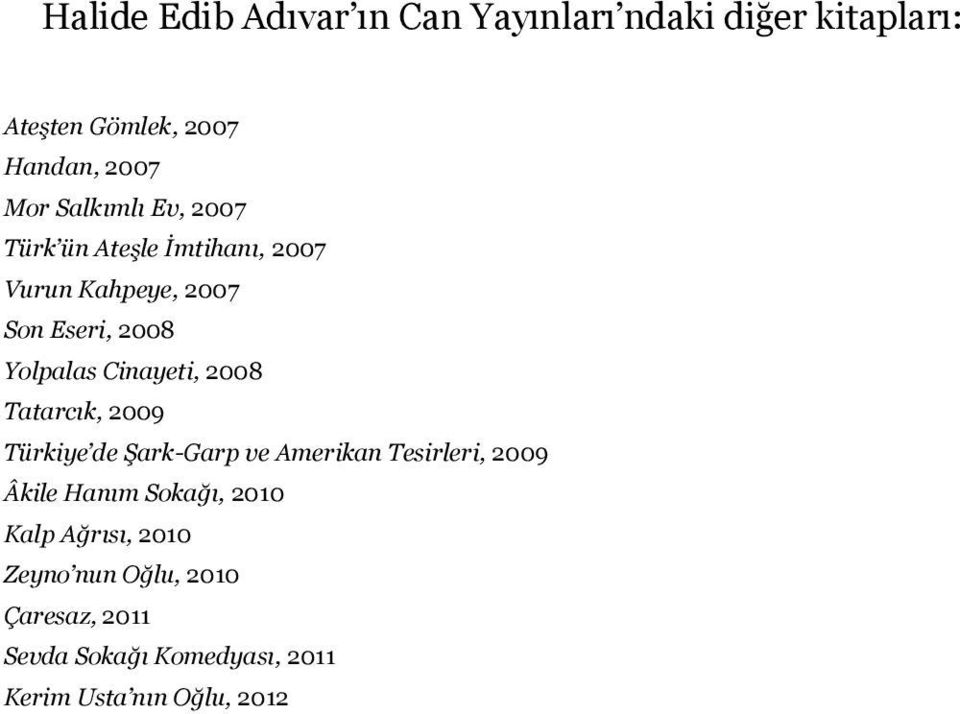 Cinayeti, 2008 Tatarcık, 2009 Türkiye de Şark-Garp ve Amerikan Tesirleri, 2009 Âkile Hanım Sokağı,