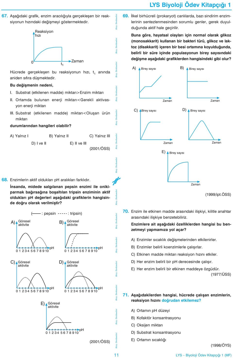 Substrat (etkilenen madde) miktarý<oluþan ürün miktarý durumlarýndan hangileri olabilir? D) I ve II E) II ve III (2001/ÖSS) 68. Enzimlerin aktif olduklarý ph aralýklarý farklýdýr.