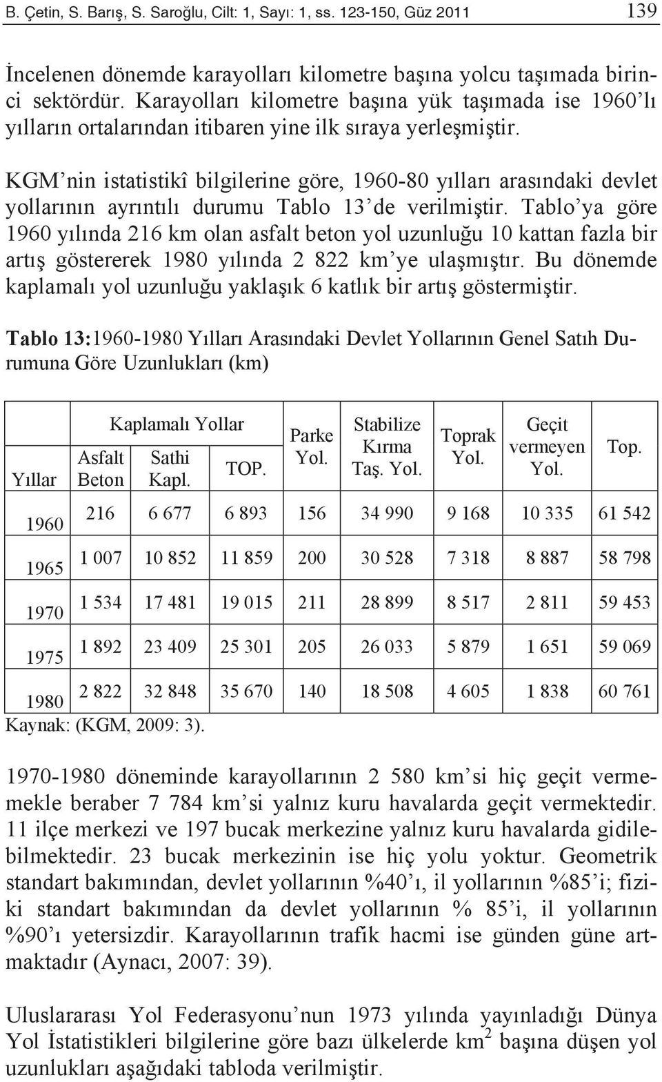 KGM nin istatistikî bilgilerine göre, 1960-80 y llar aras ndaki devlet yollar n n ayr nt l durumu Tablo 13 de verilmi tir.