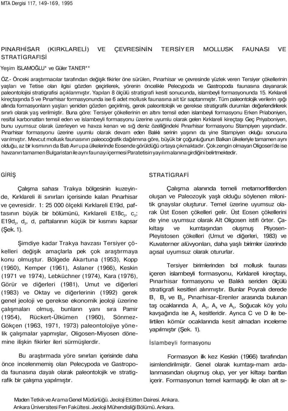 Pelecypoda ve Gastropoda faunasına dayanarak paleontolojisi stratigrafisi açıklanmıştır. Yapılan 8 ölçülü stratigrafi kesiti sonucunda, islambeyli formasyonunda 15.