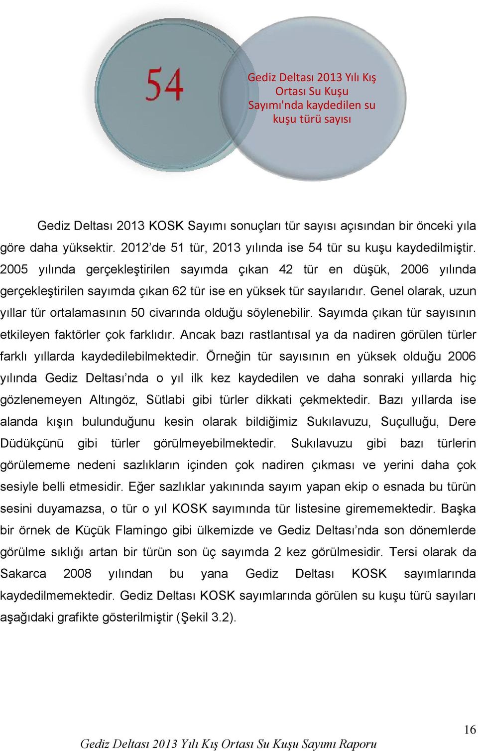 2005 yılında gerçekleştirilen sayımda çıkan 42 tür en düşük, 2006 yılında gerçekleştirilen sayımda çıkan 62 tür ise en yüksek tür sayılarıdır.