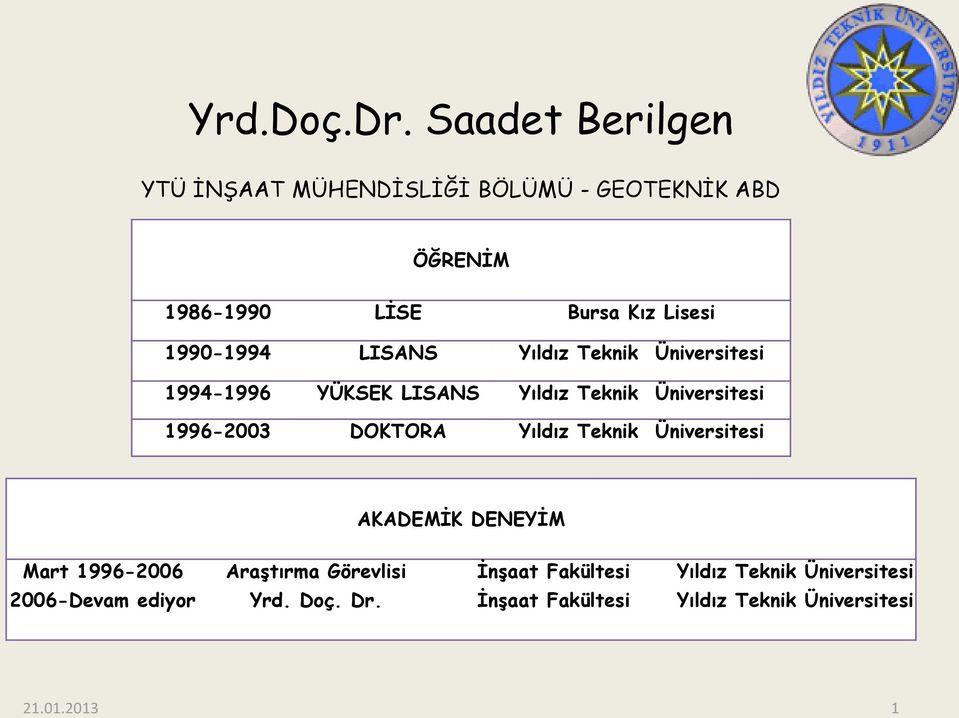1990-1994 LISANS Yıldız Teknik Üniversitesi 1994-1996 YÜKSEK LISANS Yıldız Teknik Üniversitesi 1996-2003