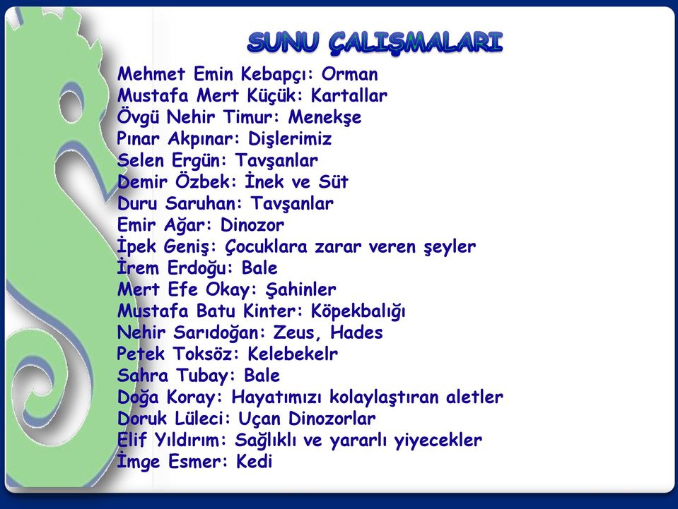 Efe Okay: Şahinler Mustafa Batu Kinter: Köpekbalığı Nehir Sarıdoğan: Zeus, Hades Petek Toksöz: Kelebekelr Sahra Tubay: Bale Doğa