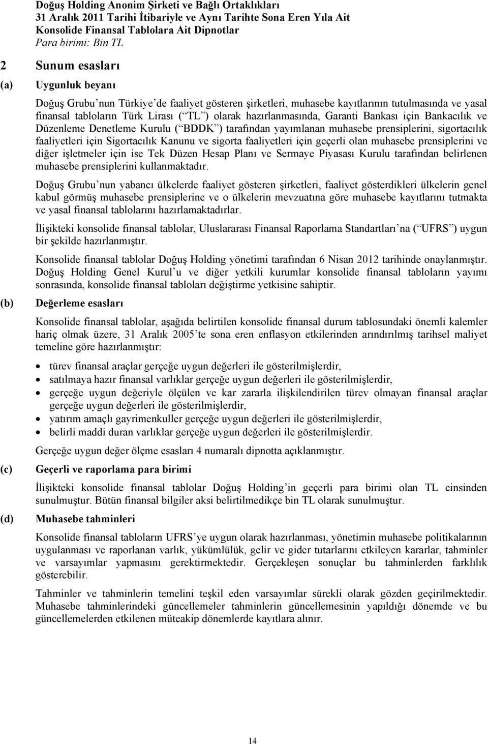 faaliyetleri için geçerli olan muhasebe prensiplerini ve diğer işletmeler için ise Tek Düzen Hesap Planı ve Sermaye Piyasası Kurulu tarafından belirlenen muhasebe prensiplerini kullanmaktadır.