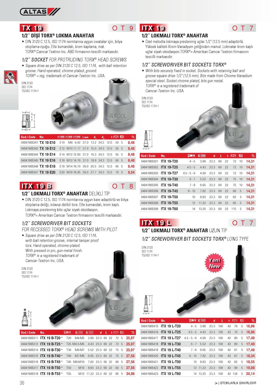 trademark of Camcar-Textron Inc. USA. DIN 3120 TS/-1 1/2 LOKMALI TORX ANAHTAR Özel metodla lokmaya preslenmiş uçlar.1/2 (12.5 mm) adaptörlü. Yüksek kaliteli Krom-Vanadyum çeliğinden mamul.