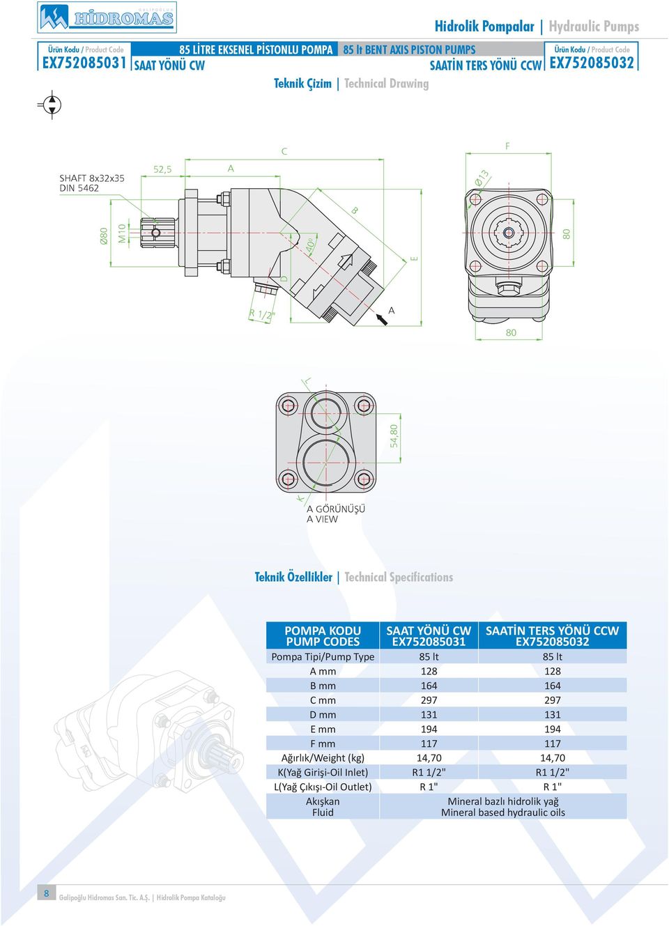 85 lt 85 lt mm 128 128 B mm 164 164 mm 297 297 D mm 11 11 E mm 194 194 F mm 117 117 ğırlık/weight (kg) 14,7 14,7 K(Yağ